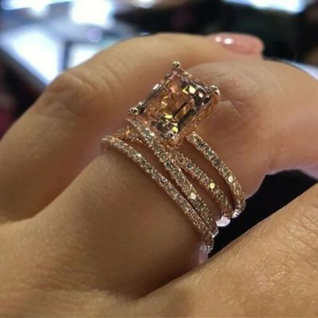 Fashion Multilayer Morganite Ring Rose Gold Wedding Jewelry Champagne crystal stone Rings Bague for Women Mother days Gifts