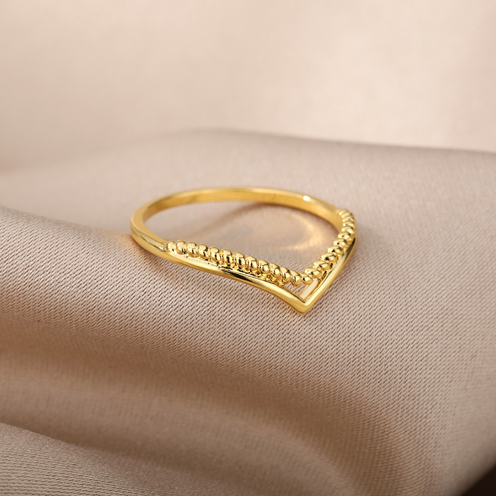 Vintage Gold Round Bead Ring Double Geometric V Shape Rings For Women Stainless Steel Ring Boho Wedding Ring Aesthetic Jewelry