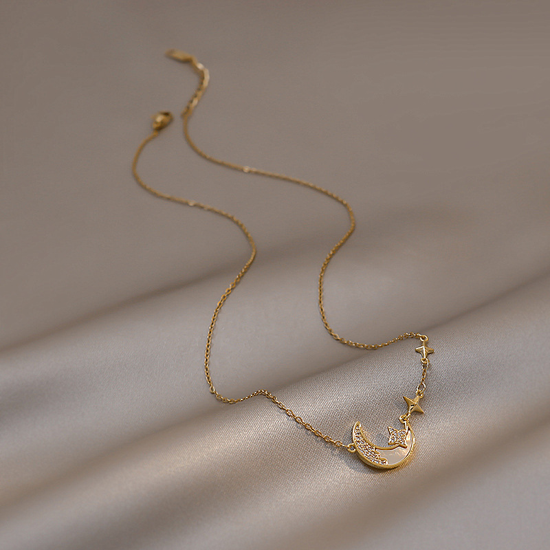 Gold Star Moon Pendant Necklace For Women Temperament Silver 925 Jewelry Party Gift
