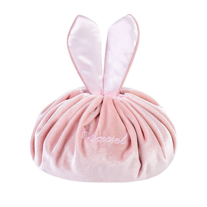 Cosmetic Bag Round Velvet Soft Makeup Bag Drawstring Rabbit Ear Travel Make Up Organizer Female Storage Toiletry Beauty Kit Case