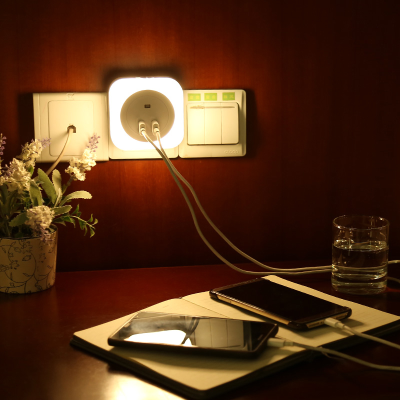 USB charger LED Night Light With Dual USB Port For iPhone Wall EU/US Plug Light Sensor Control Automatic Night Lamp Luminaria
