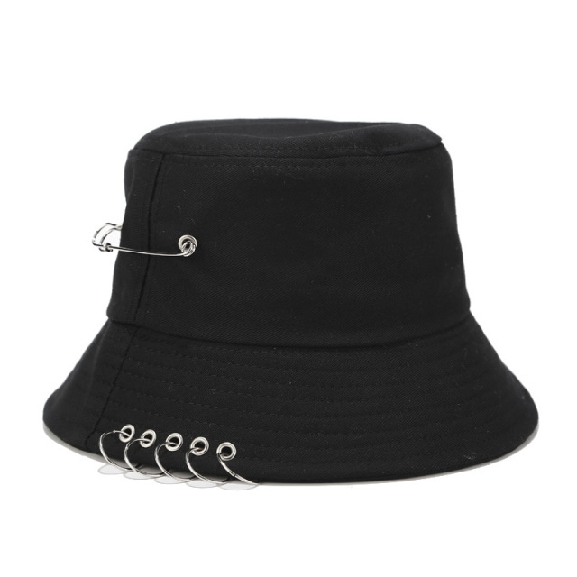 Punk five-ring pin fisherman hat unisex hat spring and summer simple solid color sun hat sun hat panama for women