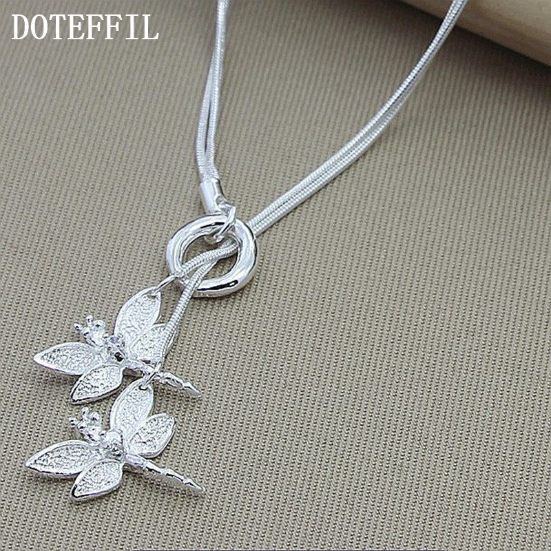 925 Sterling Silver Two Dragonfly Pendant Necklace For Women Snake Chain Necklace Wedding Engagement Jewelry