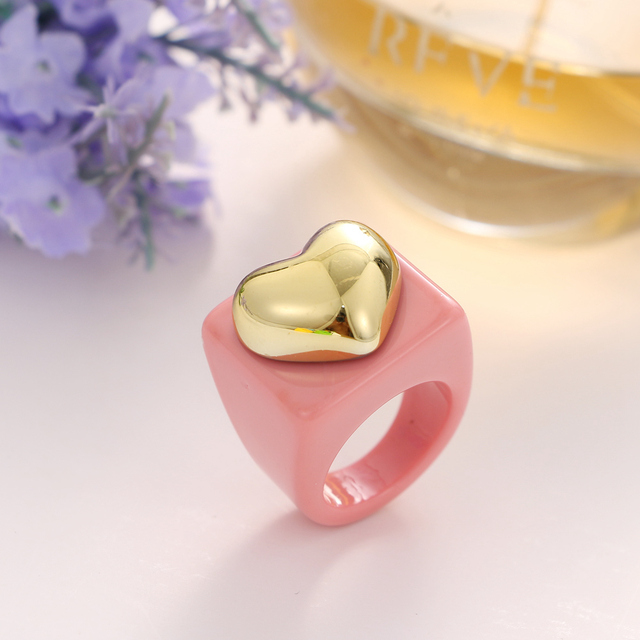 Golden Heart Bears Beads Colorful Resin Acrylic Rings For Women Girls Friends Couple Rings Fashion Jewelry