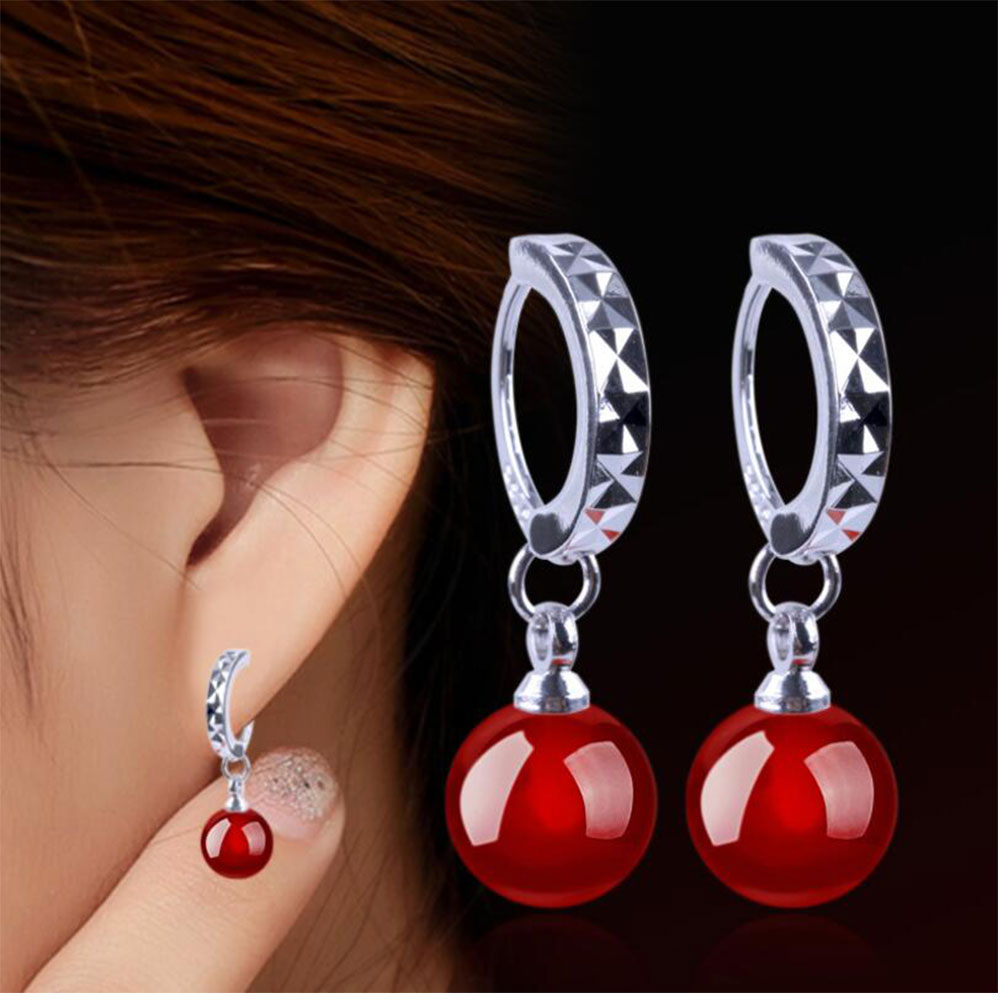 Natural Stone Black Red Ball Pendant Drop Earrings Ear Jewelry For Women Gifts
