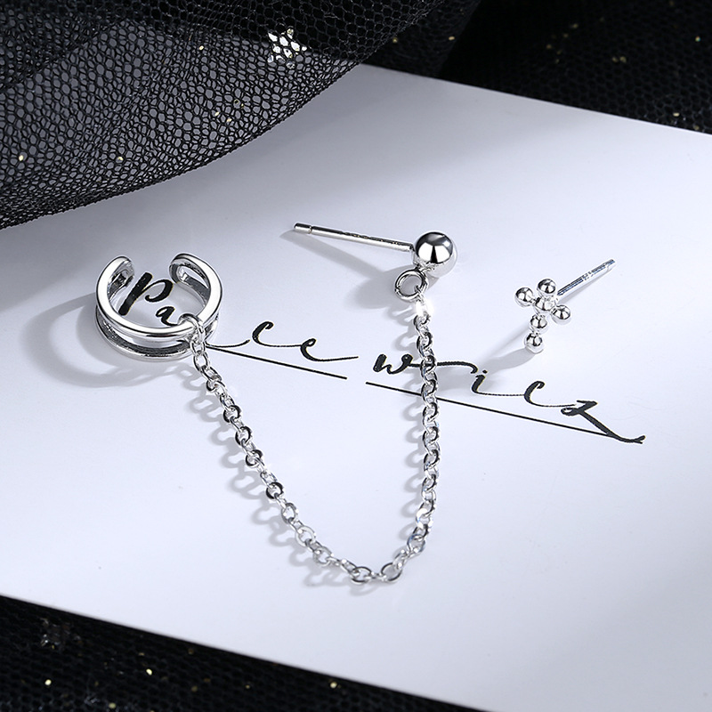 Cute Cross Stud Ear Bone Line Asymmetric Tassel Earrings for Women Hip Hop Jewelry Gift