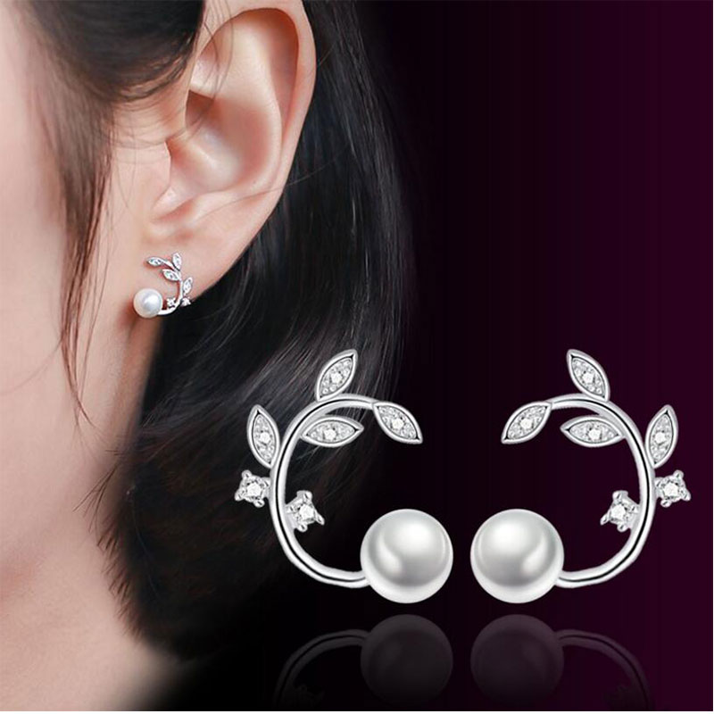 Exquisite Tree Leaves Zircon Pearl Stud Earrings For Women Christmas Jewelry Gift Wholesale