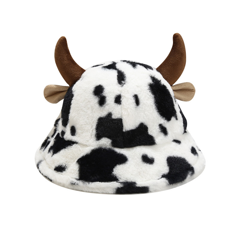 Plush Hats Warm Basin Women Men Summer Cotton Bucket Hat Milk Cow Pattern Kawaii Horn Ears Wide Brim Sunscreen Fisherman Cap