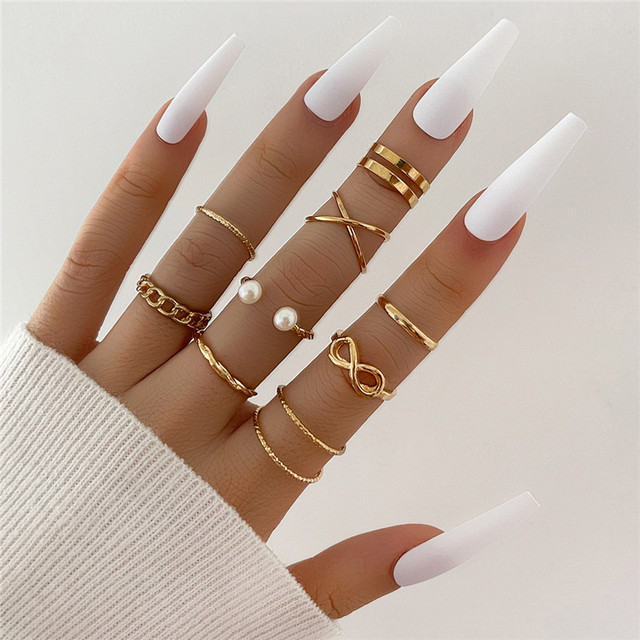 9 pcs/set Rings Sets Punk Vintage Gold Color Pearl Hollow Geometric Cross Open Ring for Women Bohemia Jewelry