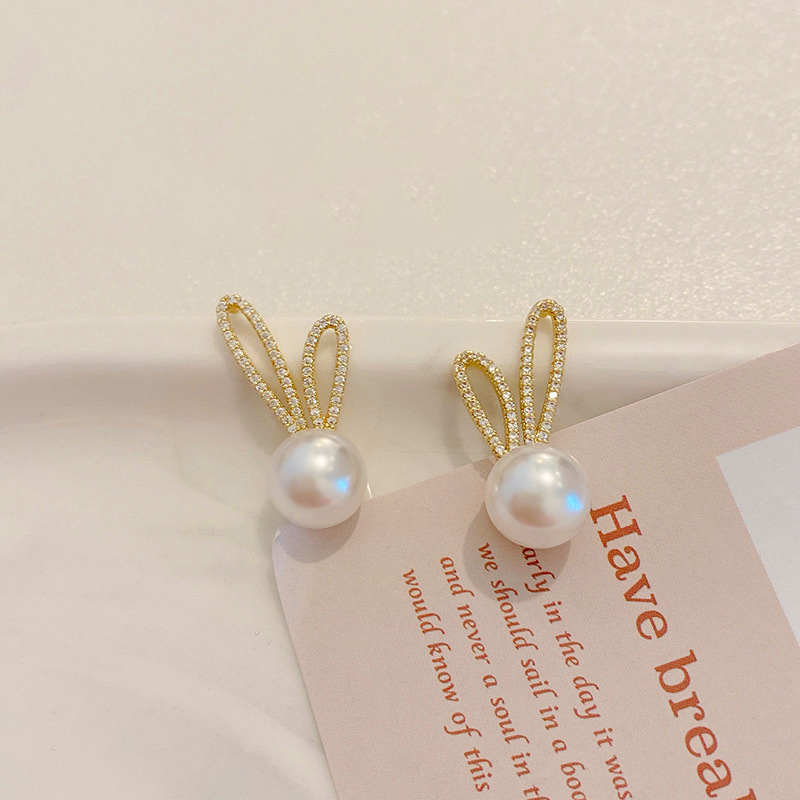 Design Sense Lovely Pearl Rabbit Shape Gold Earrings Micro Set Zircon Rabbit Ears Accessories Korean fashion jewelry For Woman