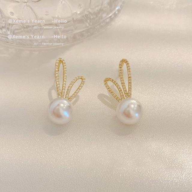 Design Sense Lovely Pearl Rabbit Shape Gold Earrings Micro Set Zircon Rabbit Ears Accessories Korean fashion jewelry For Woman