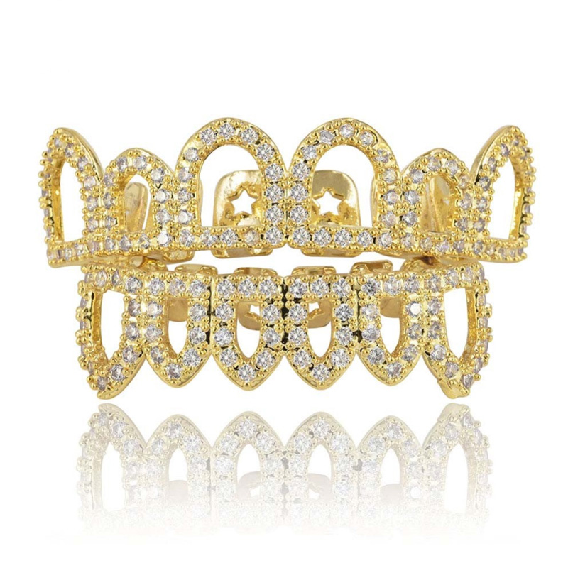 GOLD Silver Color Plated Hip Hop Micro Pave Hollow Top & Bottom Vampire Teeth Grills Set