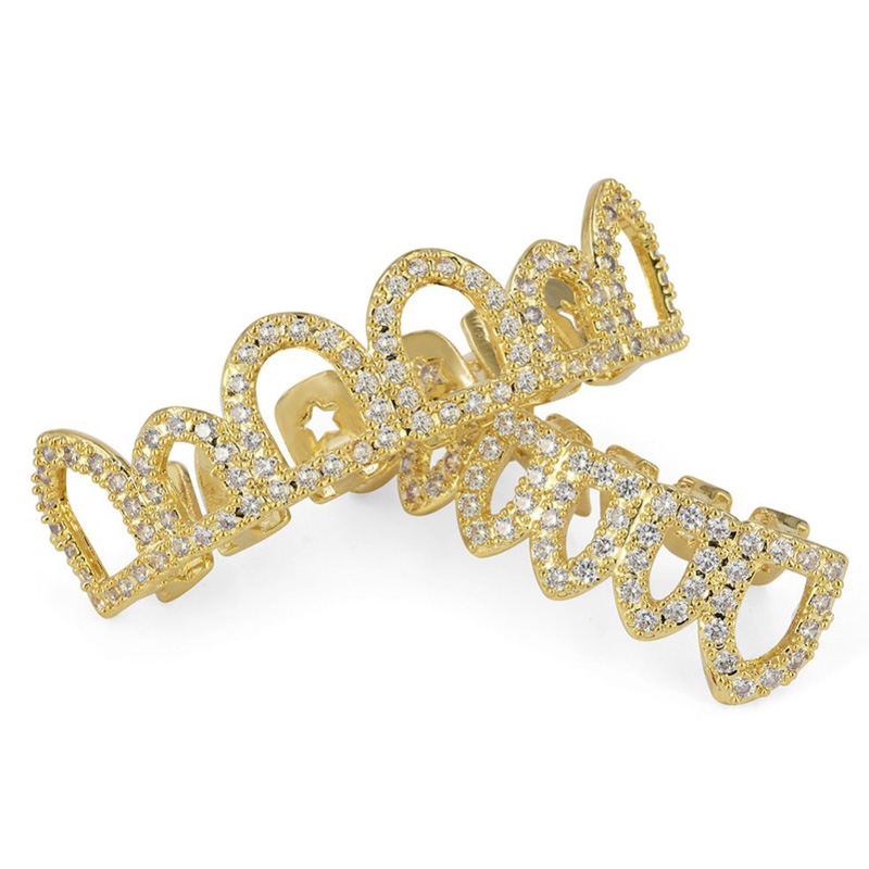 GOLD Silver Color Plated Hip Hop Micro Pave Hollow Top & Bottom Vampire Teeth Grills Set