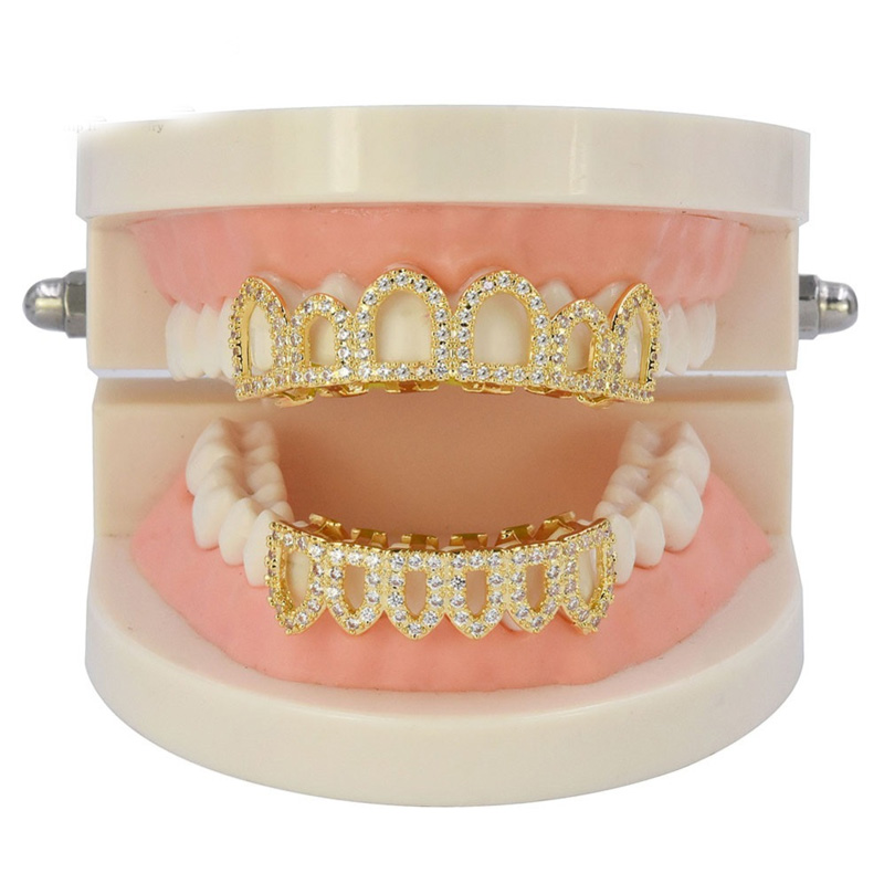 GOLD Silver Color Plated Hip Hop Micro Pave Hollow Top & Bottom Vampire Teeth Grills Set