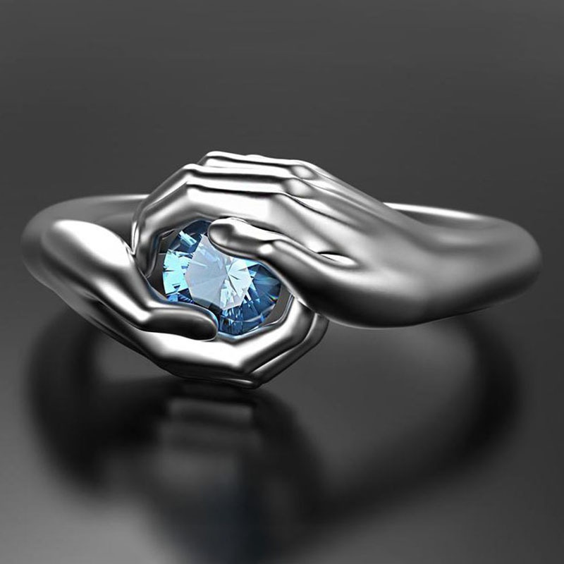 Simulation Hands Holding Blue Zircon Metal Rings for Men Women Personality Charm Party Prom Jewelry