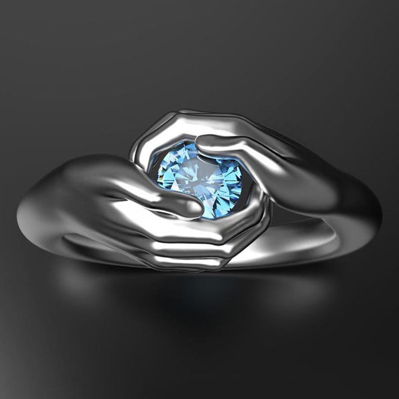 Simulation Hands Holding Blue Zircon Metal Rings for Men Women Personality Charm Party Prom Jewelry