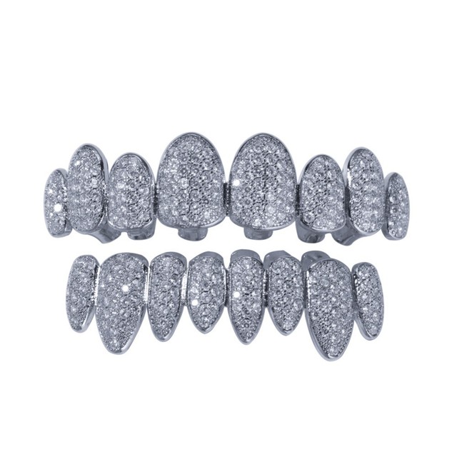Cubic Zirconia Grills Set Silver Color Teeth Grills Hiphop Halloween Iced Out Top&Bottom Dental Grills Body Jewelry