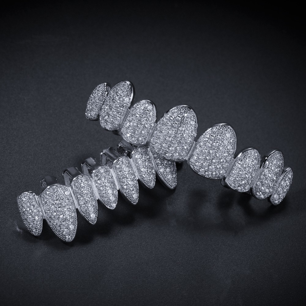 Cubic Zirconia Grills Set Silver Color Teeth Grills Hiphop Halloween Iced Out Top&Bottom Dental Grills Body Jewelry