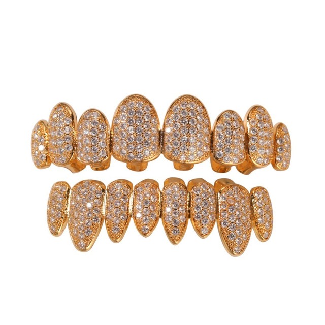 Cubic Zirconia Grills Set Silver Color Teeth Grills Hiphop Halloween Iced Out Top&Bottom Dental Grills Body Jewelry