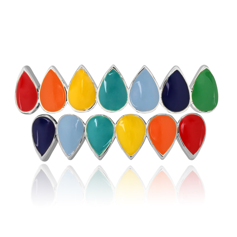 Hip Hop Rainbow Fangs Teeth Grillz Top&Bottom Gold Silver Color Grills Dental Halloween Vampire Teeth Grillz Set Gifts