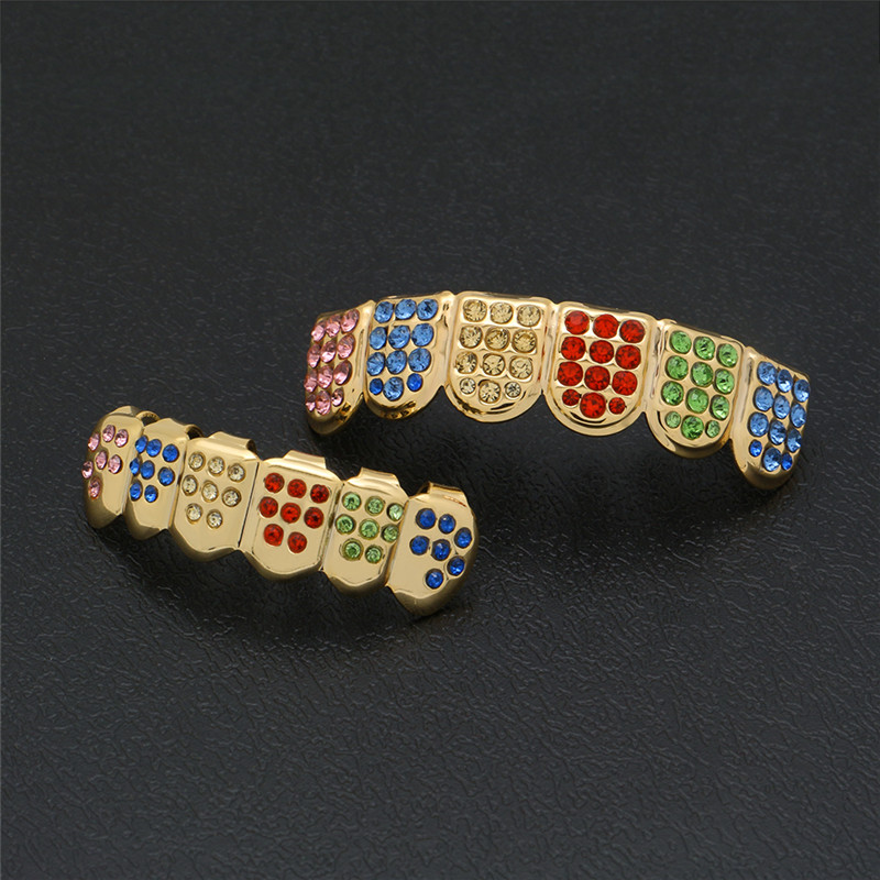 Colorful Crystal Teeth Grillz Top Bottom CZ Gold Grills Dental Hip Hop Halloween Teeth Caps Grill Mouth Body Jewelry