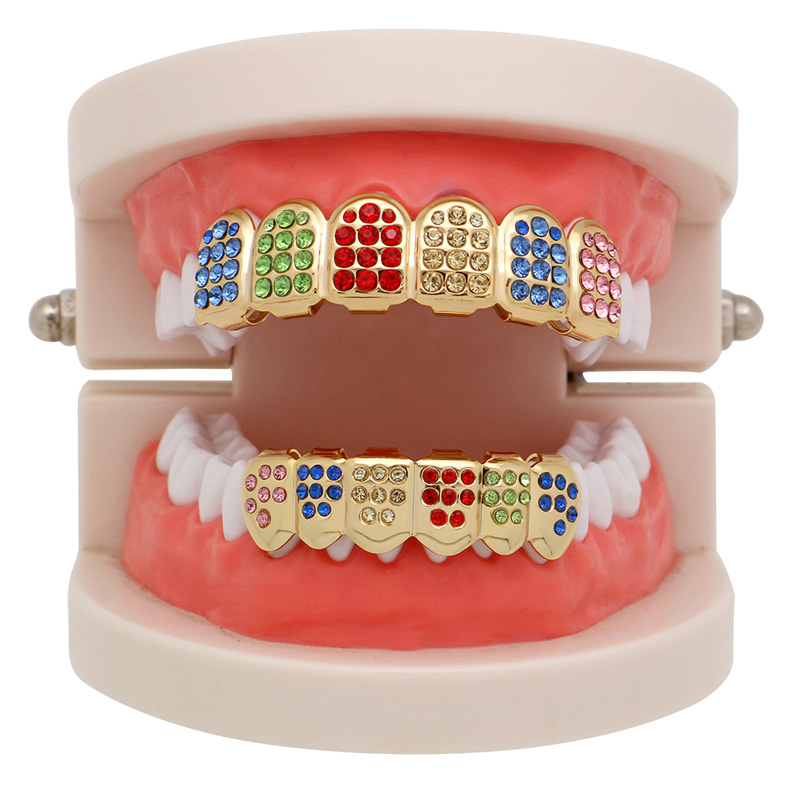 Colorful Crystal Teeth Grillz Top Bottom CZ Gold Grills Dental Hip Hop Halloween Teeth Caps Grill Mouth Body Jewelry