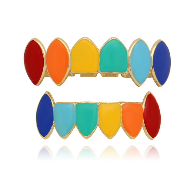 Hip Hop Rainbow Oil Gold Silver Color Teeth Grillz Top Bottom Rainbow Dental Grills