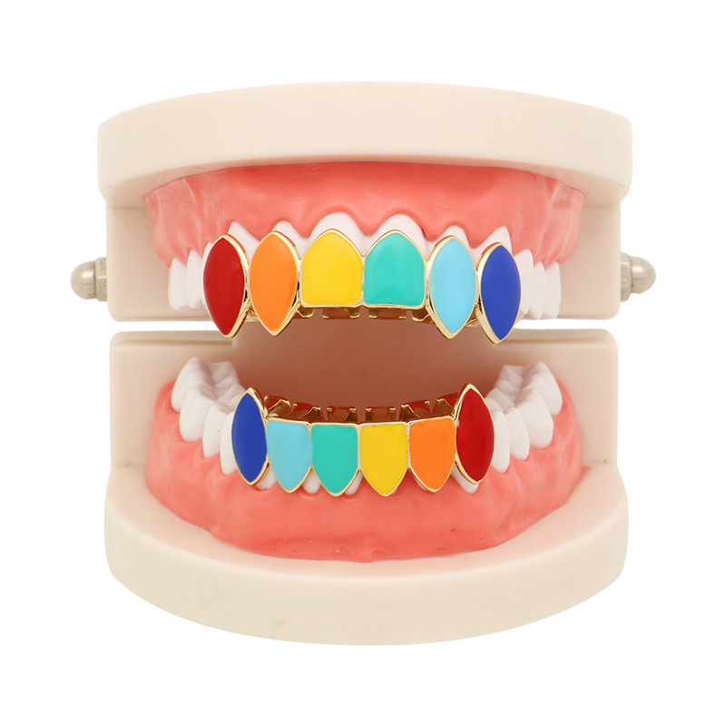Hip Hop Rainbow Oil Gold Silver Color Teeth Grillz Top Bottom Rainbow Dental Grills