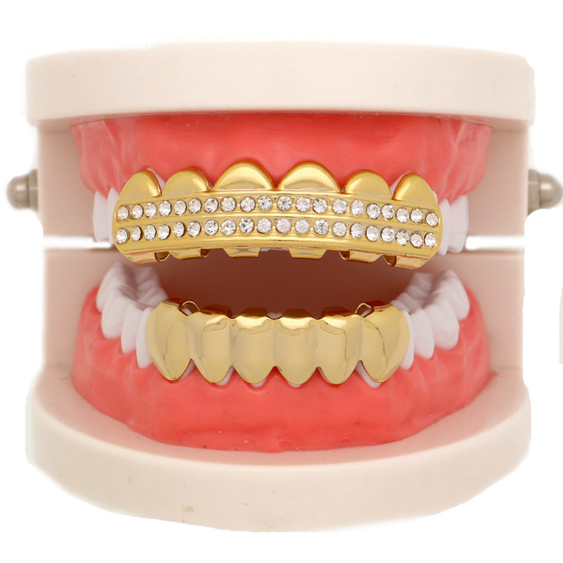 LuReen Hip Hop Gold Silver Color Teeth Grillz Rhinestone Grills Set For Rapper Dental Halloween Vampire Tooth Caps Jewelry