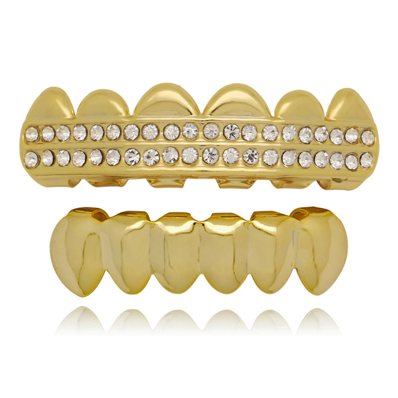 LuReen Hip Hop Gold Silver Color Teeth Grillz Rhinestone Grills Set For Rapper Dental Halloween Vampire Tooth Caps Jewelry