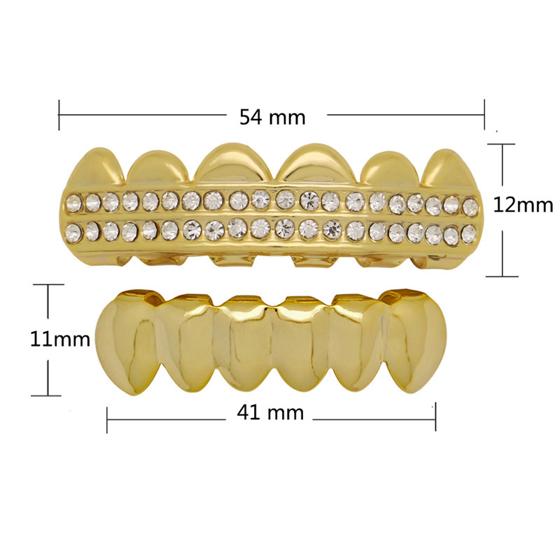 LuReen Hip Hop Gold Silver Color Teeth Grillz Rhinestone Grills Set For Rapper Dental Halloween Vampire Tooth Caps Jewelry