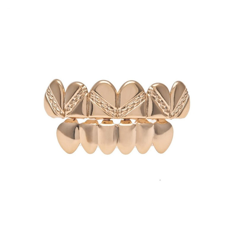 TOPGRILLZ New Gold Color Plated Real Shiny Hip Hop Teeth For Mouth Grillz Caps Top&Bottom Grill Set Vampire Teeth For Unisex