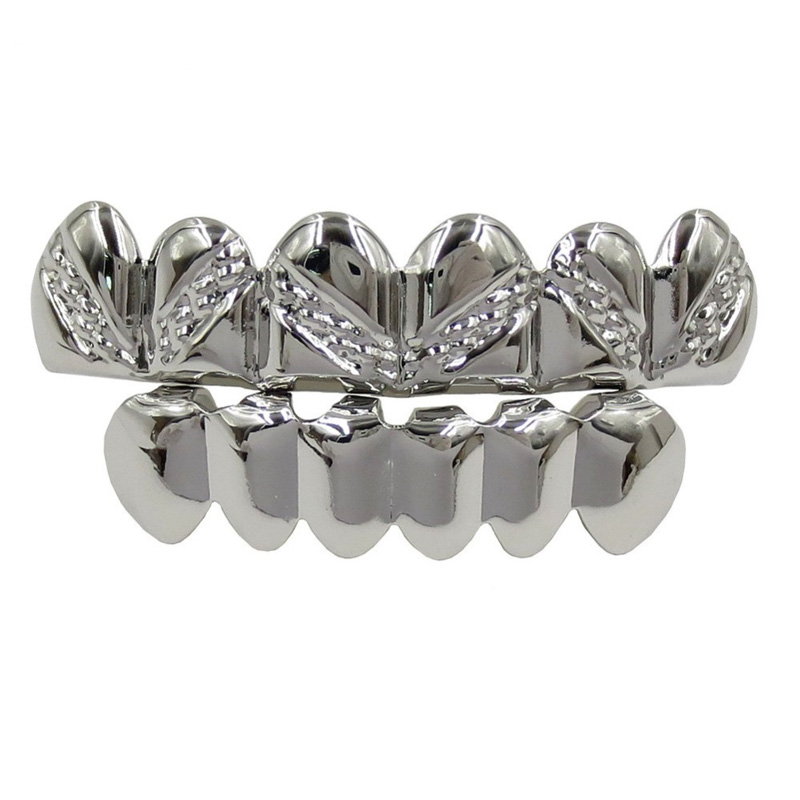 TOPGRILLZ New Gold Color Plated Real Shiny Hip Hop Teeth For Mouth Grillz Caps Top&Bottom Grill Set Vampire Teeth For Unisex