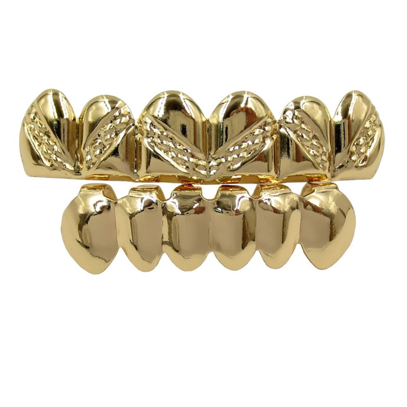 TOPGRILLZ New Gold Color Plated Real Shiny Hip Hop Teeth For Mouth Grillz Caps Top&Bottom Grill Set Vampire Teeth For Unisex