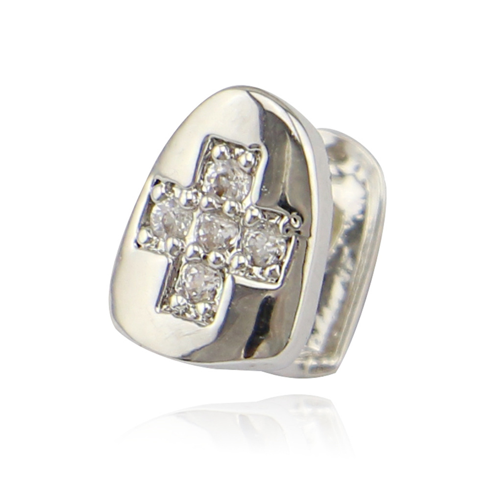 Gold Silver Color Single Cross Iced Out Grillz Teeth Men Women Hip Hop Bling Tooth Grills Caps Fashion Jewelry