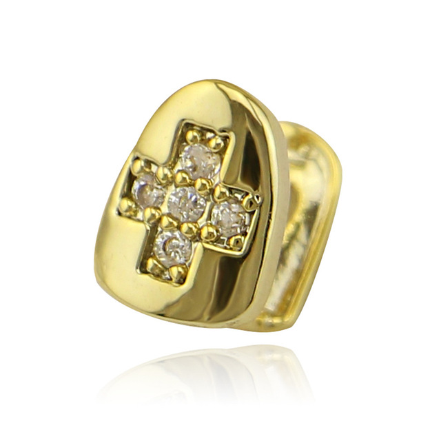 Gold Silver Color Single Cross Iced Out Grillz Teeth Men Women Hip Hop Bling Tooth Grills Caps Fashion Jewelry