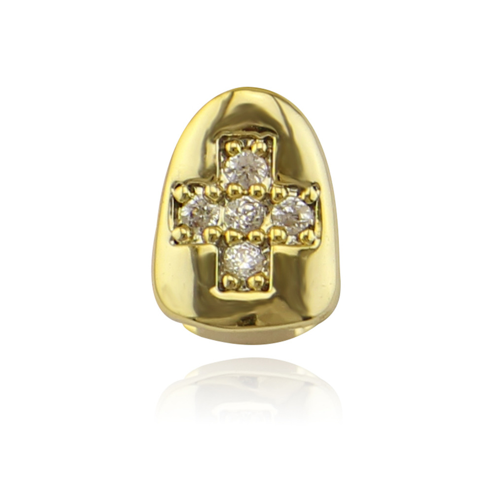 Gold Silver Color Single Cross Iced Out Grillz Teeth Men Women Hip Hop Bling Tooth Grills Caps Fashion Jewelry
