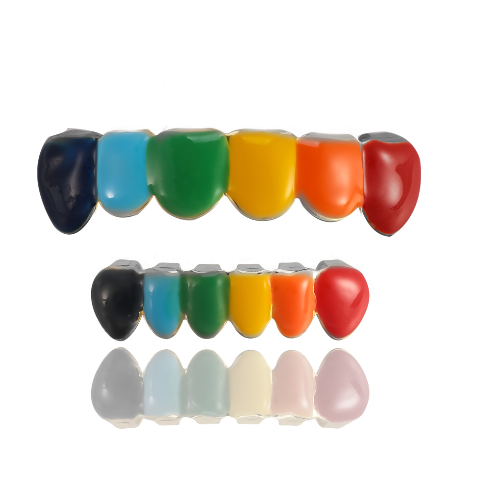Hip Hop 6ix9ine Rainbow Colorful 69 Oil Gold Dent Teeth Grillz Top and Bottom Set With Free Silicone Box Caps Packin