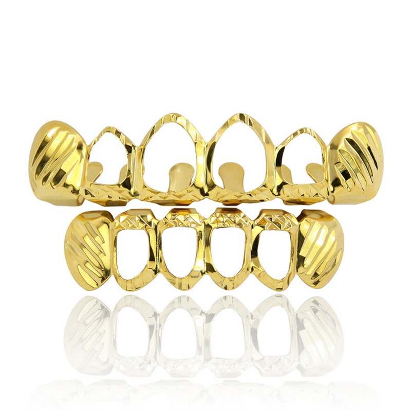GUCY New Hip Hop GRILLZ Gold Silver Plated Hollow Open Dlampnd D-Cut 6 Teeth Top & Bottom Teeth Grills Caps Set Party Jewelry