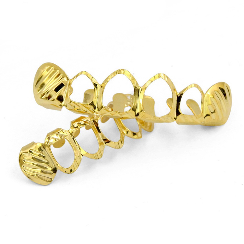 GUCY New Hip Hop GRILLZ Gold Silver Plated Hollow Open Dlampnd D-Cut 6 Teeth Top & Bottom Teeth Grills Caps Set Party Jewelry