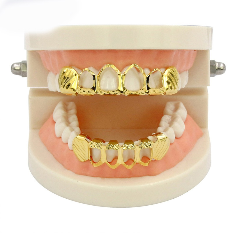 GUCY New Hip Hop GRILLZ Gold Silver Plated Hollow Open Dlampnd D-Cut 6 Teeth Top & Bottom Teeth Grills Caps Set Party Jewelry