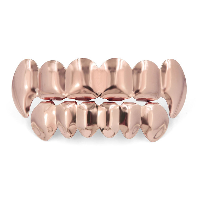 New Fit Gold Silver Plated Hip Hop Teeth Grillz Top & Bottom Vampire Fangs Teeth Grills Caps Set With Silicone