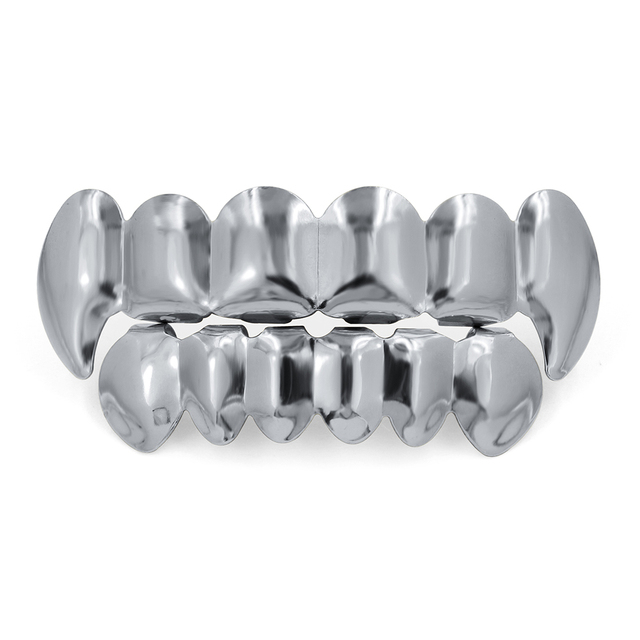 New Fit Gold Silver Plated Hip Hop Teeth Grillz Top & Bottom Vampire Fangs Teeth Grills Caps Set With Silicone