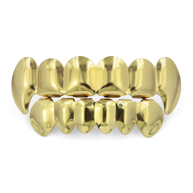 New Fit Gold Silver Plated Hip Hop Teeth Grillz Top & Bottom Vampire Fangs Teeth Grills Caps Set With Silicone