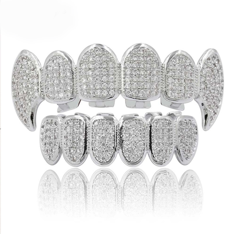 Hip Hop Gold Teeth Grills Micro Pave CZ Grills Tooth Top&Bottom Vampire Fang Iced Out Grills Dental Mouth Jewelry