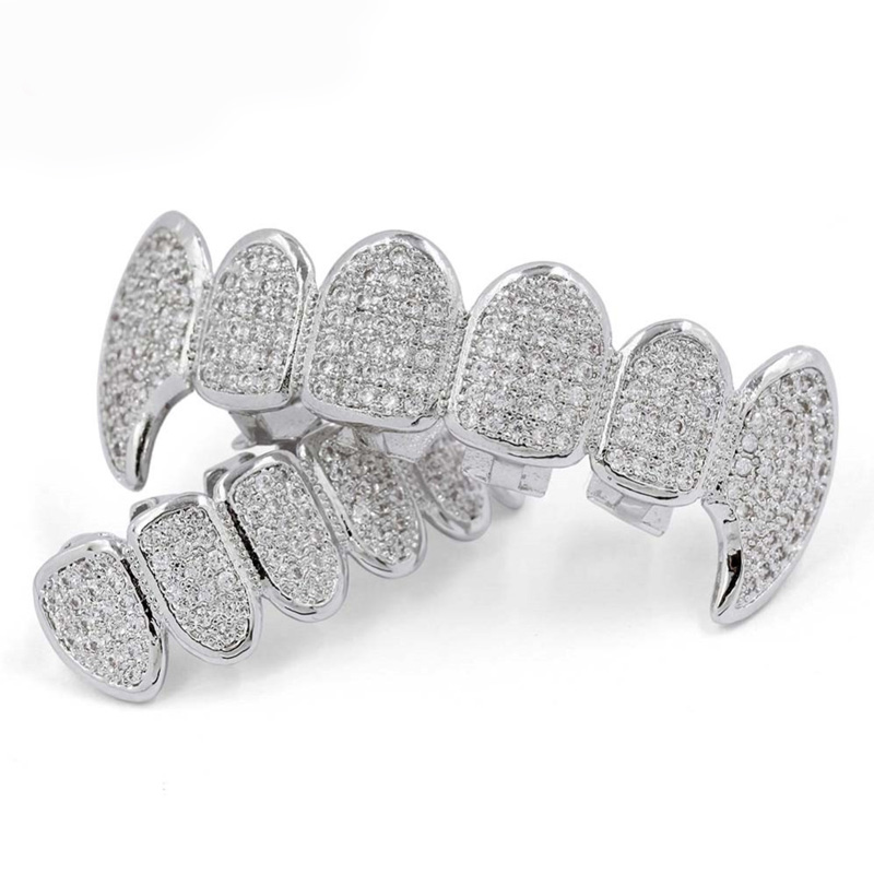 Hip Hop Gold Teeth Grills Micro Pave CZ Grills Tooth Top&Bottom Vampire Fang Iced Out Grills Dental Mouth Jewelry