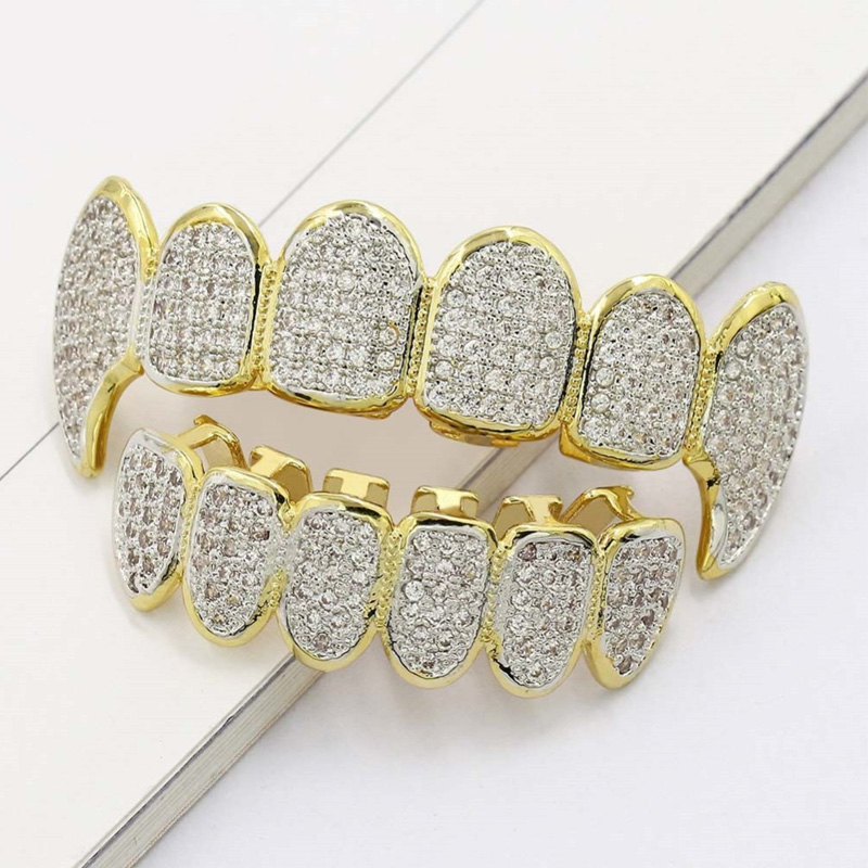 Hip Hop Gold Teeth Grills Micro Pave CZ Grills Tooth Top&Bottom Vampire Fang Iced Out Grills Dental Mouth Jewelry