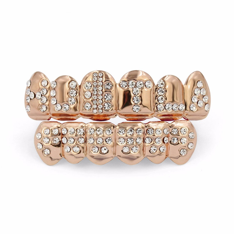 Gold Color Plated Iced Out Letter CZ Stone Hip Hop Teeth For Mouth GRILLZ Caps Top & Bottom Grills Set Classic tooth