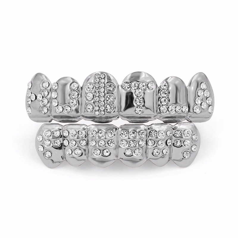 Gold Color Plated Iced Out Letter CZ Stone Hip Hop Teeth For Mouth GRILLZ Caps Top & Bottom Grills Set Classic tooth