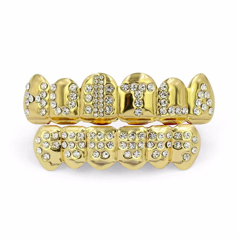 Gold Color Plated Iced Out Letter CZ Stone Hip Hop Teeth For Mouth GRILLZ Caps Top & Bottom Grills Set Classic tooth